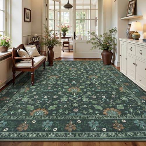 Vibrug 8x10 Area Rugs for Living Room, Floral Vintage Washable Rugs, Soft Boho Non-Slip Low Pile Carpets, Large Area Rug for Dining Room Bedroom Farmhouse Home Indoor Nursery, Dark Green - Image 1