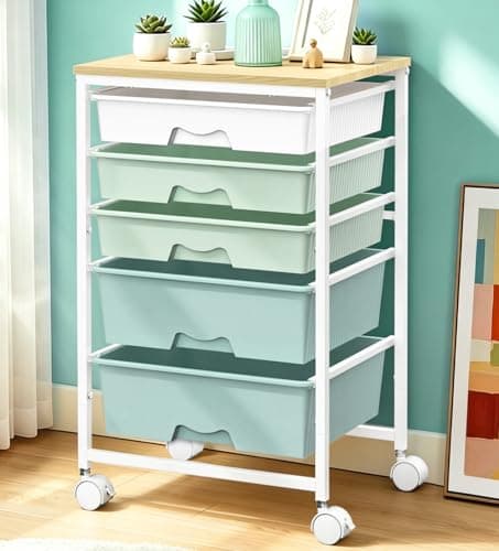 SUNALLY Rolling Carts with 5 Drawers, Storage Drawer Carts with Wooden Tabletop and 2 Lockable Wheels, Rolling Utility Cart for Craft Art Supply Storage & Home Office Organization, Green - Image 1