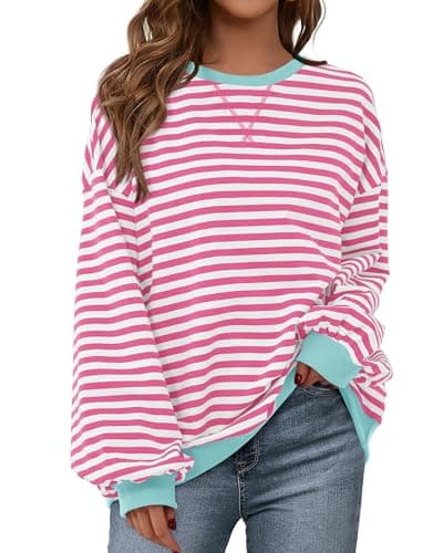 BTFBM Sweatshirt For Women 2026 Summer Crewneck Long Sleeve Oversized Striped Pullover Tops Y2K Clothes Workout Shirt(Pink White, Large) - Image 1