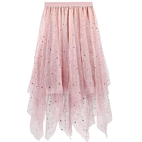 Women's Tiered Tulle Skirts A-Line Asymmetrical Skirt Tea-Length Elastic High Waist Tutu Skirts for Prom Party (Sequin Pink) - Image 1