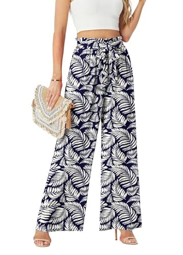 FREEOAK Women's Palazzo Pants Leafy Print Slacks Wide Leg Work Flowy Business Casual for Ladies Petite Trousers Summer Office Outfits - Image 1