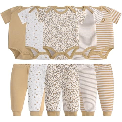Baby Newborn Layette 10-Piece Set Cotton Bodysuits Short Sleeve Pants Sets Striped Printed for Baby Boys Girls Toddler Unisex Baby Gift Sets for 6 9 Months - Image 1