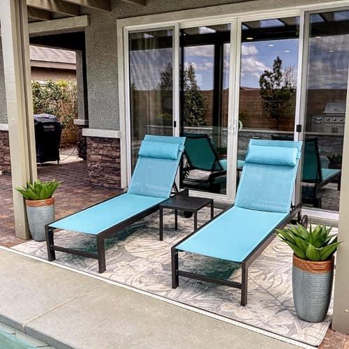 PURPLE LEAF Patio Lounge Chair Set of 3 Outdoor Chaise Lounger Aluminum Frame with Side Table and Wheels for Pool Outside Sunbathing Tanning Recliner Including Pillows Turquoise Blue - Image 1