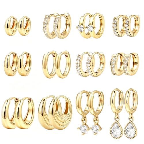 Wgoud 12 Pairs Small 14K Gold Plated Chunky Hoop Earrings for Women Hypoallergenic Lightweight Gold/Silver Hoop Earring Set for Sensitive Ears Trendy Cartilage Huggie Hoops Stacks for Multiple Piercing Jewelry (Gold-12 pairs) - Image 1