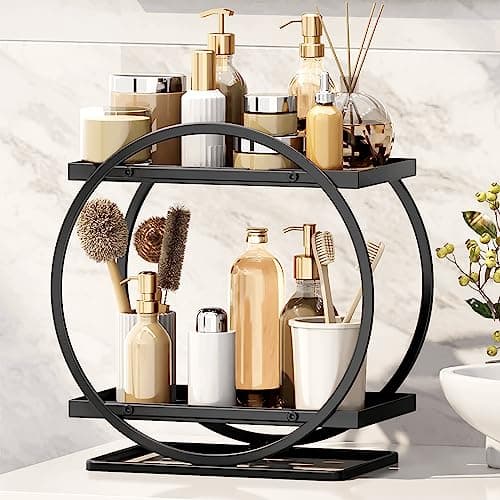 YIWANFW Bathroom Counter Organizer, Black Perfume Organizer for Dresser, 2 Tier Bathroom Organizer Countertop, Vanity Makeup Organizers, Skincare Display Tray for Bathroom Sink Storage - Image 1