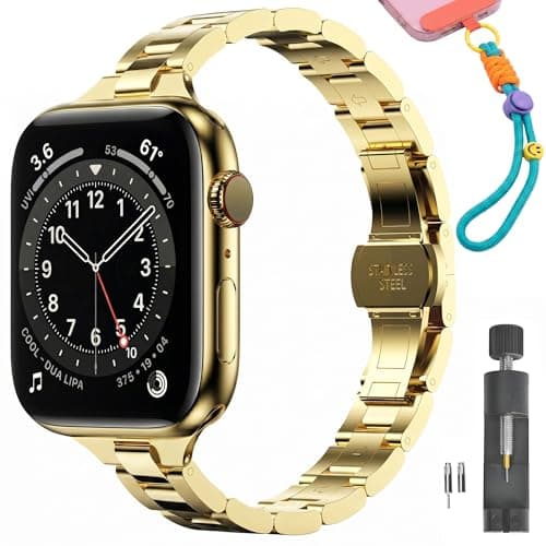 PUGO TOP Luxury Slim Stainless Steel Band Compatible with Apple Watch Series 11 10 9-1 (46/45/44/42/41/40/38mm) & Ultra 3/2/1(49mm), Elegant Jewelry Bracelet for Women, Dressy Business Metal Strap with Butterfly Clasp, Gift Set with Phone Lanyard - Image 1