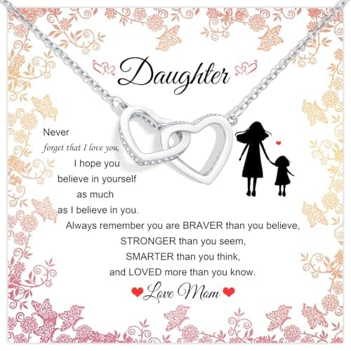Juvux Daughter Necklace Gift from Dad Mom - S925 Sterling Silver Necklace for Daughter Love Heart Pendant Necklace in Rose Gold Plated with Message Card Jewelry Gift for Birthday Graduation (Silver-Mom) - Image 1