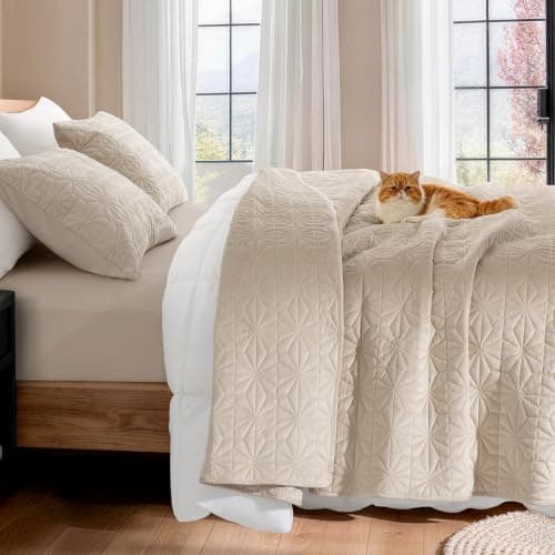 Uqocnh Luxury Velvet Quilt Set Queen Size 3 Piece, Soft Channel Stitch Velvet Comforter Set with 2 Pillow Shams, Lightweight Coverlet Bedspread Bedding Set for All Seasons, Beige - Image 1