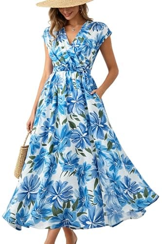 Women's Summer Casual Cotton Rayon Viscose Cap Sleeve Wrap V Neck Ruched Smocked Empire Waist Slit A Line White and Blue Floral Midi Pockets Dress for Ladies Holiday Vocation Beach Senior Dresses - Image 1