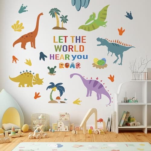 Dinosaurs Wall Decals Stickers Dino Volcano Tropical Leaf Palm Tree Baby Boy Girl Room Nursery Decor, Cloud Moon Star Home Decorations Neutral Kid Bedroom Playroom Art - Image 1