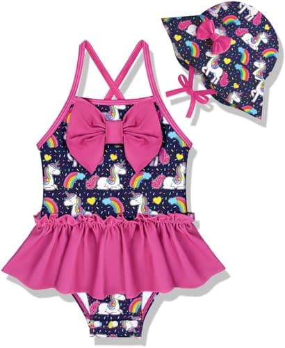 NikNio Toddler Swimsuit Girl Baby Girl Bathing Suit Ruffle One Piece Sleeveless Newborn Infant Girl Summer Beach Swimwear with Hat Hot Pink Rainbow 0-3 Months - Image 1