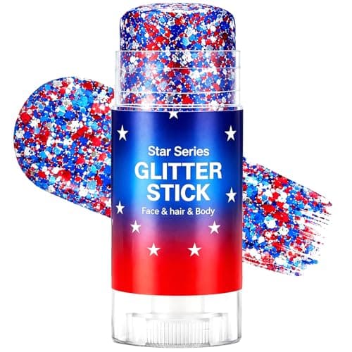 Patriotic 4th of July Body Glitter Stick, Hair Glitter for Kids, Red White and Blue Star Face Glitter Stick, USA Flag Makeup for 250th Independence Day Accessories, 4th of July Outfits for Women