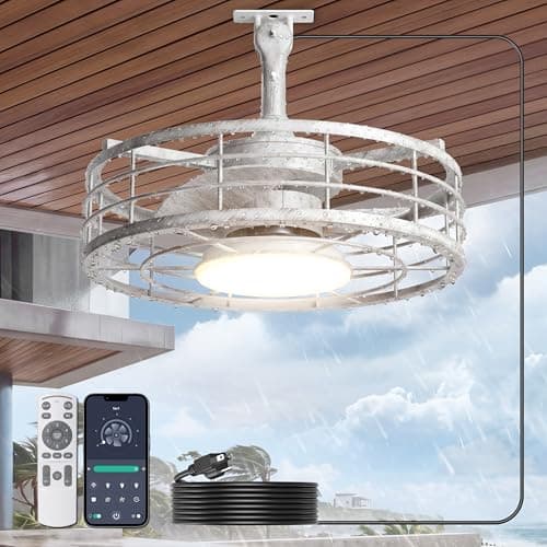 Phylluz Outdoor Ceiling Fan with Lights - 16'' Antique White Distressed Wet Rated Gazebo Fan Remote/APP Control, Caged Hanging Fan Plug and Play for Covered Patio Porch - Image 1
