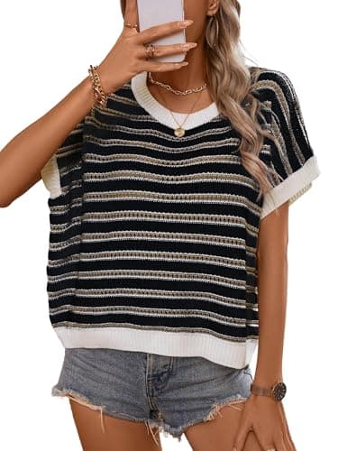 RICHSTORY Womens Tops Trendy Sleeveless Round Neck Sweater Vest Loose Summer Cap Sleeve Tank Tops Lightweight Striped Hollow Out Knit Pullover Sweaters Black XX-Large - Image 1