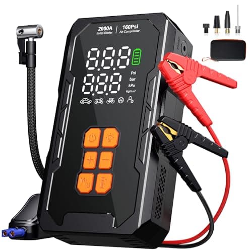 Jump Starter with Air Compressor, 12V Car Battery Jumper Starter Portable for 8.0L Gas/6.0L Diesel, Car Battery Charger Jump Box with 160PSI Auto-Shutoff Tire Inflator and Storage Case, Black