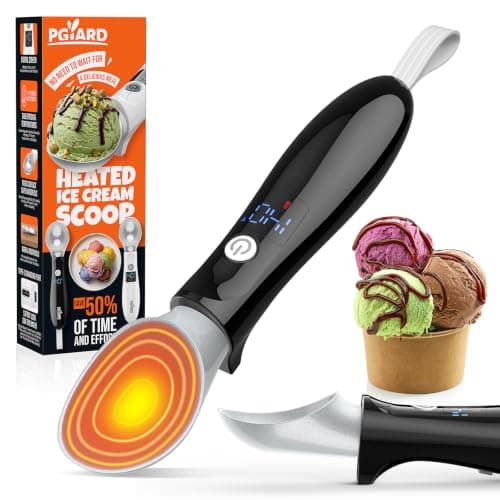PGYARD Heated Ice Cream Scoop - Rechargeable with LED Display & Real-time Temperature, Adjustable 2-Level Heats for Hard Ice Cream, Easy for Seniors & Kids, Waterproof, Drip-Proof Stand Black - Image 1