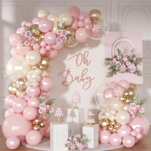 NUTTYBASH Pink and Gold Balloon Garland Arch Kit 126Pcs Pastel Light Baby Pearl Pink and Sand White Balloons for Boho Birthday Baby Shower Bridal Shower Wedding Party Decorations - Image 1
