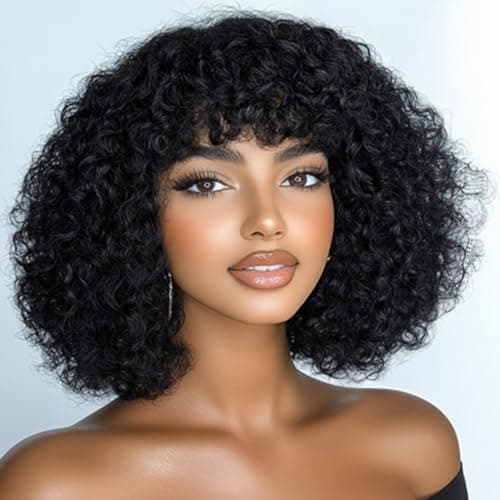JOEDIR HAIR Fluffy Wig Human Hair Wigs for Black Women Wear and Go Afro Curly Bob Wig with Bangs 12 Inches Water Wave Glueless Wigs 250% Density (1B / Black) - Image 1