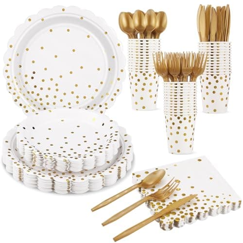 Xiangqu 175 Pcs White and Gold Paper Plates and Napkins, Disposable Gold Party Dinnerware Include Scalloped Party Plates Napkin Cups Plastic Cutlery for Birthday Wedding Graduation Congratulations - Image 1