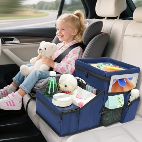 Backseat Organizer for Kids & Adults โ Car Seat Cooler Warmer with 2-in-1 Writing Tray, Cup Holders & 11 Storage Compartments | Road Trip Car Organizer for Front & Back Seat (Black) (Navy Blue) - Image 1