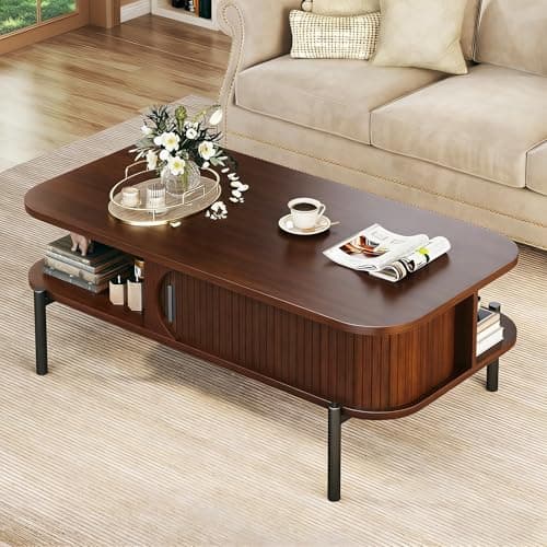 Coffee Table, 39.4" Mid Century Modern Coffee Tables for Living Room, Coffee Table with Storage Open Shelf, Fluted Table with Sliding Cabinet Door, 2-Tier Rustic Wood Desktop, Walnut - Image 1