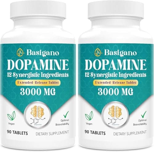 Basigano Dopamine Supplement for Women & Men with Ashwagandha, L-Theanine & Magnesium, Vegan Extended-Release 90 Tablets, Pack of 2