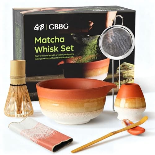 GBBG Matcha Whisk Set, Ceramic Matcha Kit Desert Style, Matcha Whisk and Bowl, Bamboo Scoop and Rest, Sifter and Tea Towel, 7 Pcs Gifts for Matcha Lover - Matte Soil - Image 1