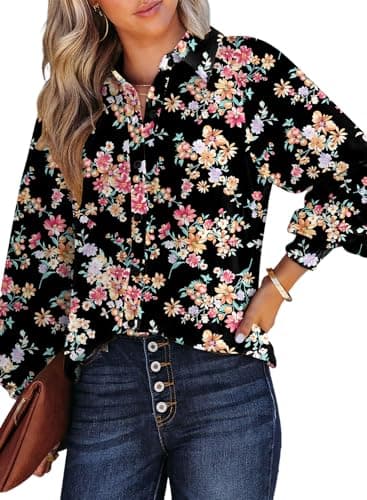 Dokotoo Womens Fall Tops for Women Long Sleeve Shirts 2026 Fashion Trendy Casual Dressy Fall Button Down Blouses T Shirts Allover Flower Print V Neck Business Work Tunic Bohemian Floral Top M Black - Image 1