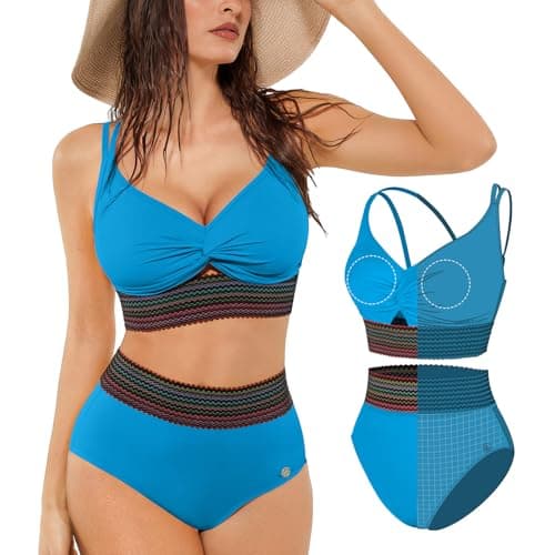 Popilush High Waisted Bikini Sets for Women Tummy Control Swimsuits Shapewear Two Piece Boho 4 Way Wear Beach and Pool Plus Size XXL Color Blue - Image 1