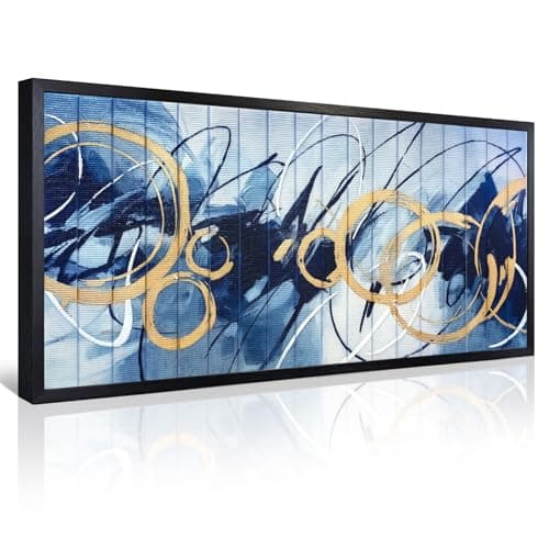 llribbons Framed Abstract Wall Art Minimalist Gold Circle Blue Indigo Fluid Lines Painting Modern Hand Painted 3D Woven Textured Artwork for Living Room Bedroom Bathroom Office Home Decor 20" x 40" - Image 1