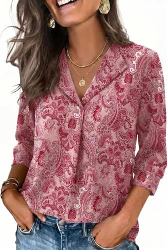 WIHOLL Boho Tops for Women Trendy 3/4 Length Sleeve Womens Tops Dressy Casual Blouses Beach Vacation Outfits S Pink Floral - Image 1