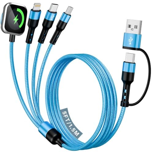 Travel Cruise Essentials 2026, Dual Type-C 4 in 2 Multi Charging Cable for Travel with Multi USB-C Devices, USB A/C with Dual USB C Cable/iWatch/IP, Designed for iWatch Series, iPhone 17-8 (Blue, 5FT) - Image 1