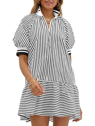 Wenrine Women Short Puff Sleeve Dress Striped Half Zip V Neck Collar Summer Casual Color Block Sweatshirt Babydoll Dresses Black - Image 1