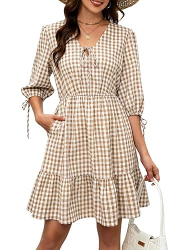 ECOWISH Women's Summer Mini Dress 2026 Tie Front V Neck 3/4 Sleeve A-Line Tiered Flowy Gingham Short Dresses with Pocket Khaki X-Large - Image 1