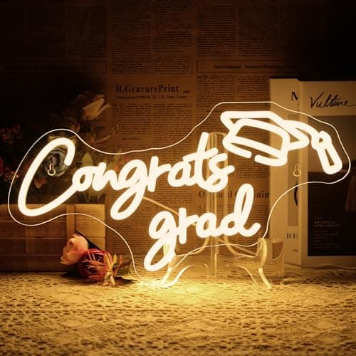 NOSUN Congrats Grad Neon Sign Grad Neon Signs for Wall Decor Warm White LED Signs for Classmates friends family USB Neon Word Sign for Party Club Light Up Sign Best Gift for Graduating Friend - Image 1