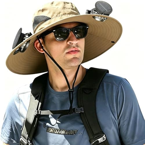 Solar Fan Hat with 2 Removable Fans, Wide Brim Sun Hat for Outdoor Fishing Camping Hiking Gardening, UPF 50+ Sun Protection, Desert Sand
