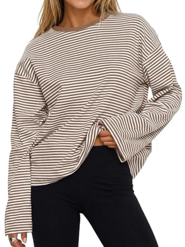 Flowyair Womens Oversized Striped Long Sleeve Shirts Casual Trendy Crew Neck Cotton Tops Drop Shoulder Loose Fit T Shirts Brown - Image 1