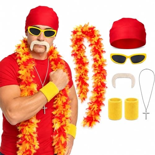 Gocasmus 6PCS Retro Wrestler Costume Accessories Set for Adults, Red Bandana Yellow Sunglasses Feather Boa Fake Mustache Wristbands Cross Necklace for Halloween Cosplay Costume Party - Image 1