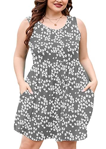 AusLook Plus Size Summer Tank Dress for Women Grey Sakura 3X Casual Sleeveless Crewneck Flowy Pleated Sun Maternity Tunic Dresses Babydoll Tshirt Swing Vacation Sundresses with Pockets - Image 1