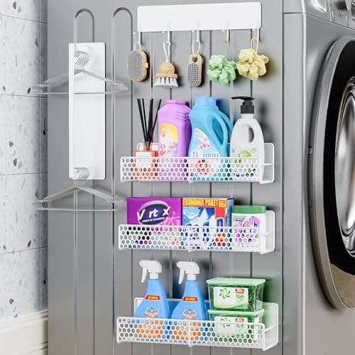 JulktLli 5 Pack Multifunctional Magnetic Shelves for Washing Machine & Refrigerator - Heavy Duty Laundry Room Organization System with Tool Hooks, Metal Storage Baskets (White) - Image 1