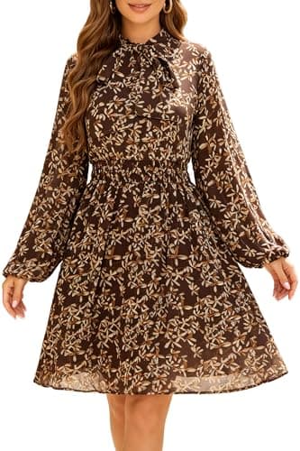 Ystguic Women's Long Sleeve Bow Tie Smocked Empire Waist A Line Flowy Chiffon Midi Dress XL X-Large Ditsy Neutral Tiny Flower Brown Floral Elegant Casual Vocation Cocktail for Seniors - Image 1