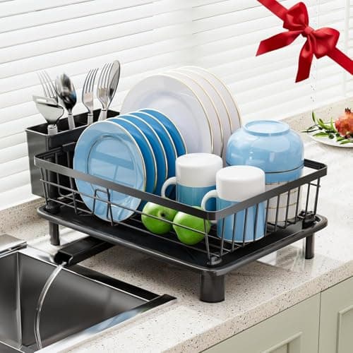 GAOKASE Dish Drying Rack, Stainless Steel Space-Saving Dish Rack, Dish Racks for Kitchen Counter, Kitchen Dish Drainers with Removable Utensil Holder,New Drain Outlet,Plate Rack and Drainboard, Black - Image 1
