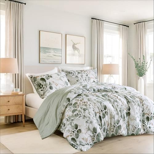 Regency Heights Lightweight Seersucker Botanical Comforter Set King Size, 3 Pieces Reversible Design with Striped Print, Premium Microfiber Bedding Set, Comforter and Sham Set, Green - Image 1