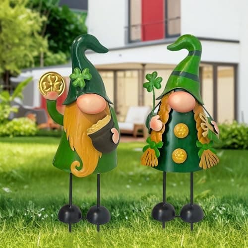 HONGLAND 18 Inch Spring Gnomes Outdoor Decor, 2Pcs Metal Gnomes Garden Stakes, Gnome Gifts for Women Outside Decorations for Yard Home Garden Lawn Patio - Image 1