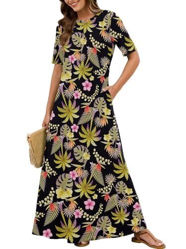 KORSIS Women's Maxi Dresses Mid Sleeve Flowy Summer Fall Winter T-Shirt Cocktail Long Dress Loose Fit Layering Sundress with Pockets Tropical Leaves X-Large - Image 1
