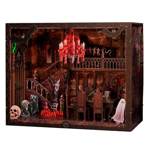 Joibabe Haunted Manor DIY Miniature House Kit with LED Lights - Gothic Book Nook Decor, 3D Wooden Puzzle for Adults, Halloween Home Decoration (AAA Batteries Not Included)