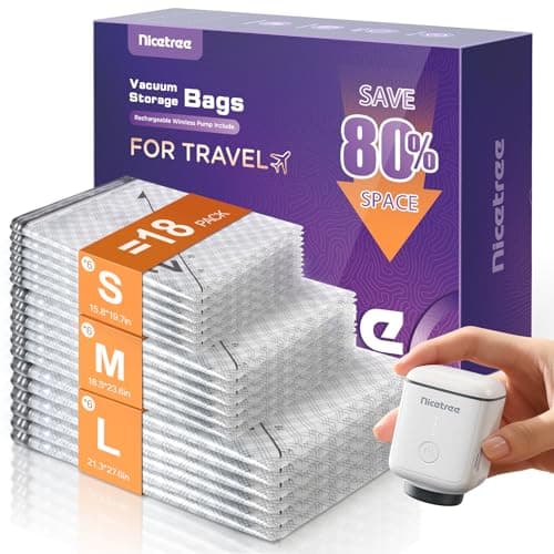 Nicetree 18-Pack Vacuum Bags for Travel with Rechargeable Pump, Compression Packing Bags for Carry-On Luggage & Suitcase, Vacuum Seal Bags for Clothing, 3 Sizes for Travel & Home Storage - Image 1