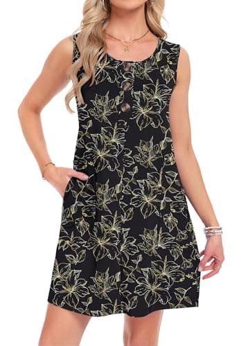 MOLERANI Women Spring Casual Dress Sleeveless Midi Dress Knee Length A-Line Floral Print Cotton Cruise Outfits Summer Beach Sundress,Black Gold Leaf,L - Image 1