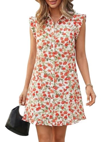 Wenrine Womens Summer Floral Mini Dress Casual Button Down Collared Ruffle Loose Boho Beach Shirt Dresses with Pockets White - Image 1
