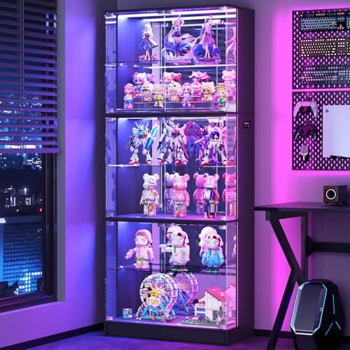 VersionTECH. Display Cabinet with Glass Doors, 6-Tier 71'' Tall Curio Cabinet with RGB Lights for Collectibles, Display Case with Adjustable Glass Shelves, Human Body Sensor, Mirror Backing, Black - Image 1